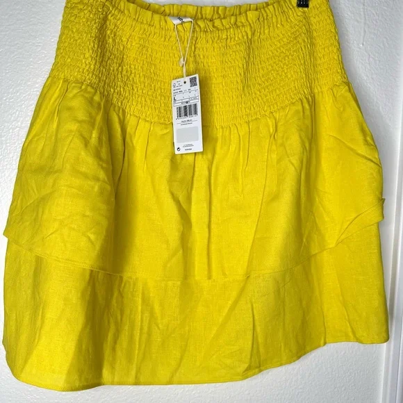 Mango Ruffled Linen blend Yellow Tiered Skirt, NWT women’s large, elastic waist - Picture 2 of 8